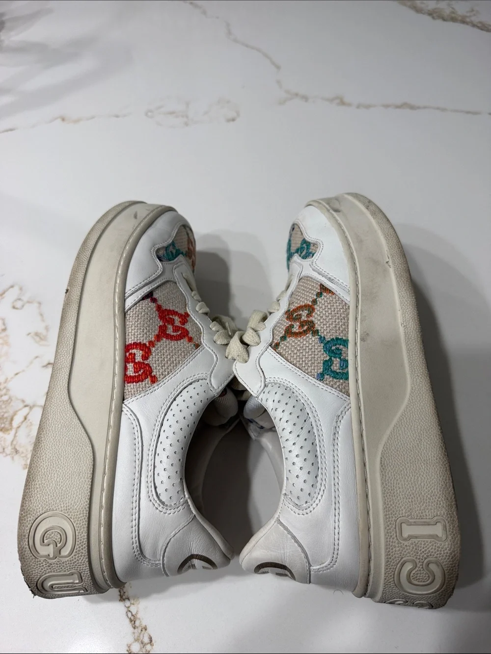 Gucci GG Logo-Detailed Leather and Multi Colored Embroidered Canvas Sneakers 39